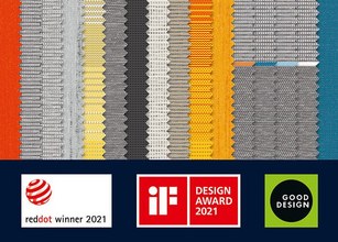 Fabric swatches in various colours and textures, with design award logos at the bottom. 