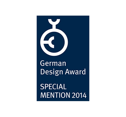 Logo with text "German Design Award SPECIAL MENTION 2014" in white on a dark blue background.