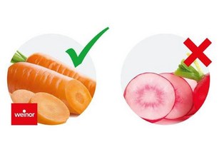 Image showing two circular graphics: one with carrots (green check) and the other with radishes (red cross). 