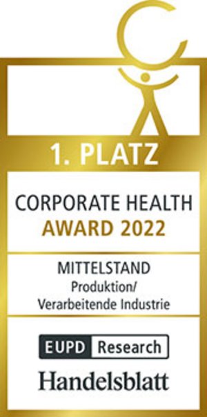 Award certificate design in gold and white, featuring text and logos related to corporate health.