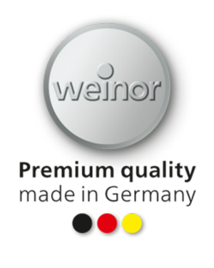 Logo featuring a circular silver design with the word "weinor" and red and yellow circular elements at the bottom.