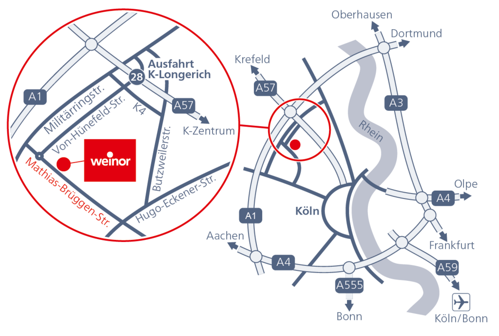Map highlighting routes and locations in Cologne, featuring a red box containing the word "weinor".