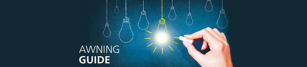 Image of a hand drawing a light bulb with a bright glow against a dark background. Text reads "AWNING GUIDE". Image of a hand drawing a light bulb with a bright glow against a dark background. Text reads "AWNING GUIDE".