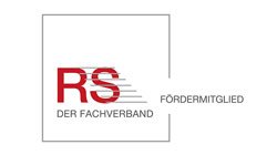 Logo with a square shape featuring red and grey text, and a minimalist design.