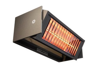 A wall-mounted heater with a rectangular design featuring orange heating elements. 