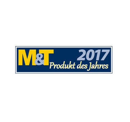 Logo featuring blue background with yellow and white text for "M&T 2017 product des Jahres".