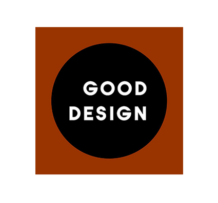Logo with a brown square background and a black circle, featuring the words "GOOD DESIGN" in white.