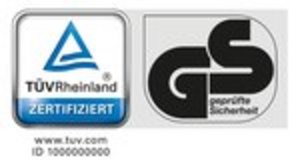 Logos for TÜV Rheinland certification and GS quality assurance on a white background.