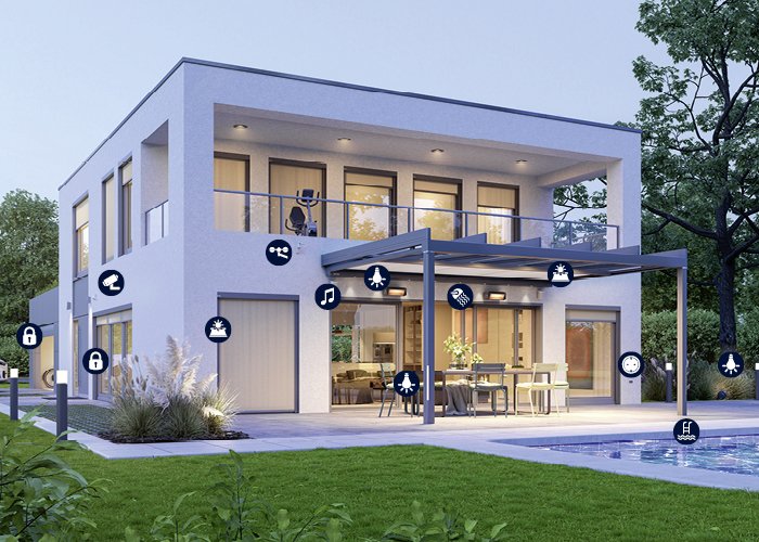 A modern house with a white façade, large windows, and a terrace under a grey structure. A modern house with a white façade, large windows, and a terrace under a grey structure.