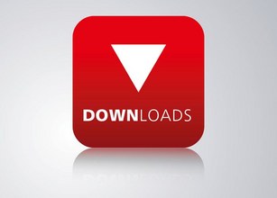 Red square with a downward-pointing white triangle and the word "DOWNLOADS" below it. 