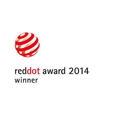 Red and white spiral logo with text indicating 2014 Red Dot Award winner.