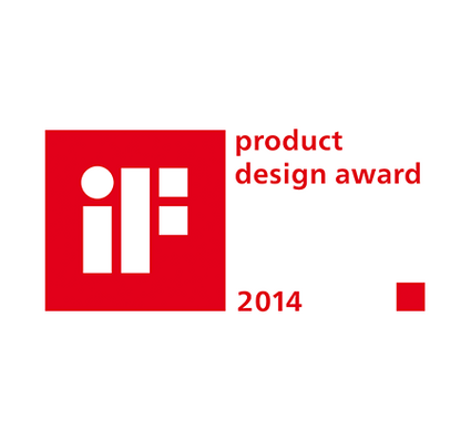 Red logo featuring shapes and text, indicating a product design award for 2014.