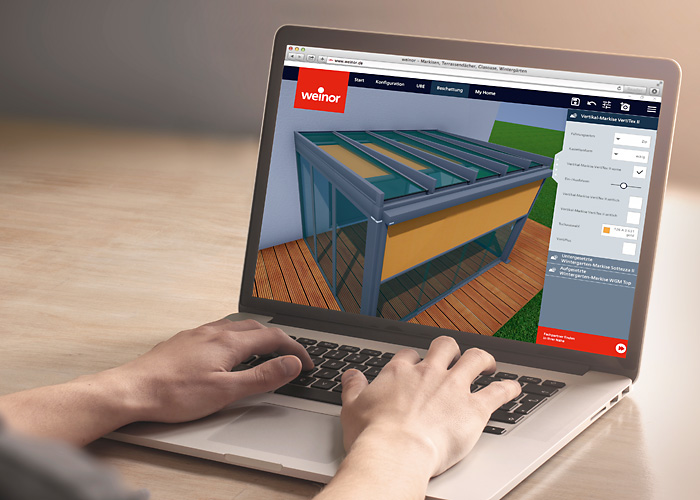 A person using a laptop to design a glass terrace cover with a yellow panel on a digital interface.